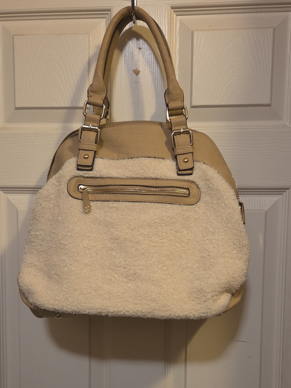 Charming Charlie Cream and Tan Faux Shearling Shoulder Bag